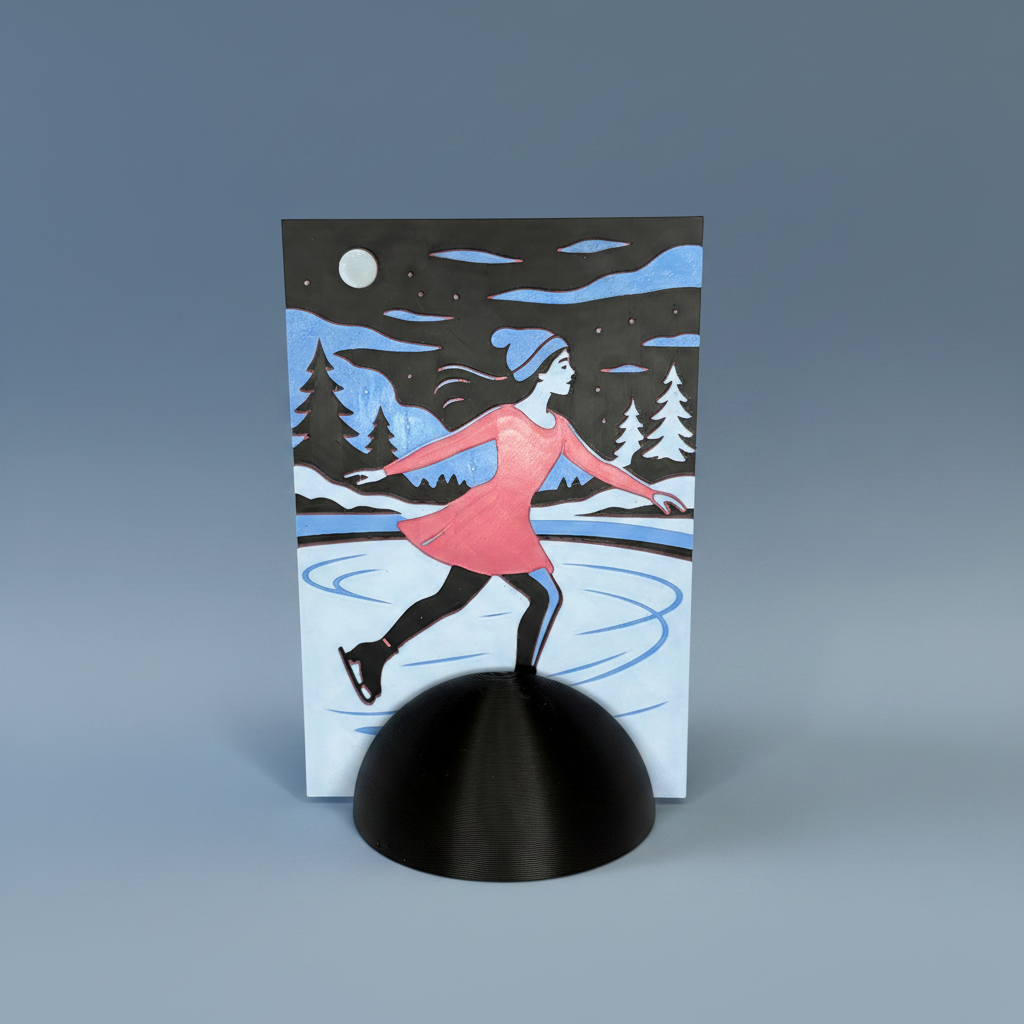 Tableau 3D patineuse sous la lune posé de face sur son socle noir mat