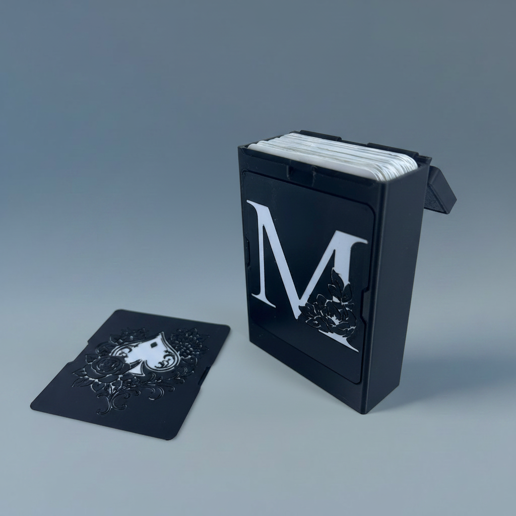 Boîte à cartes noire ouverte, couvercle gravé d'un as de pique posé à côté