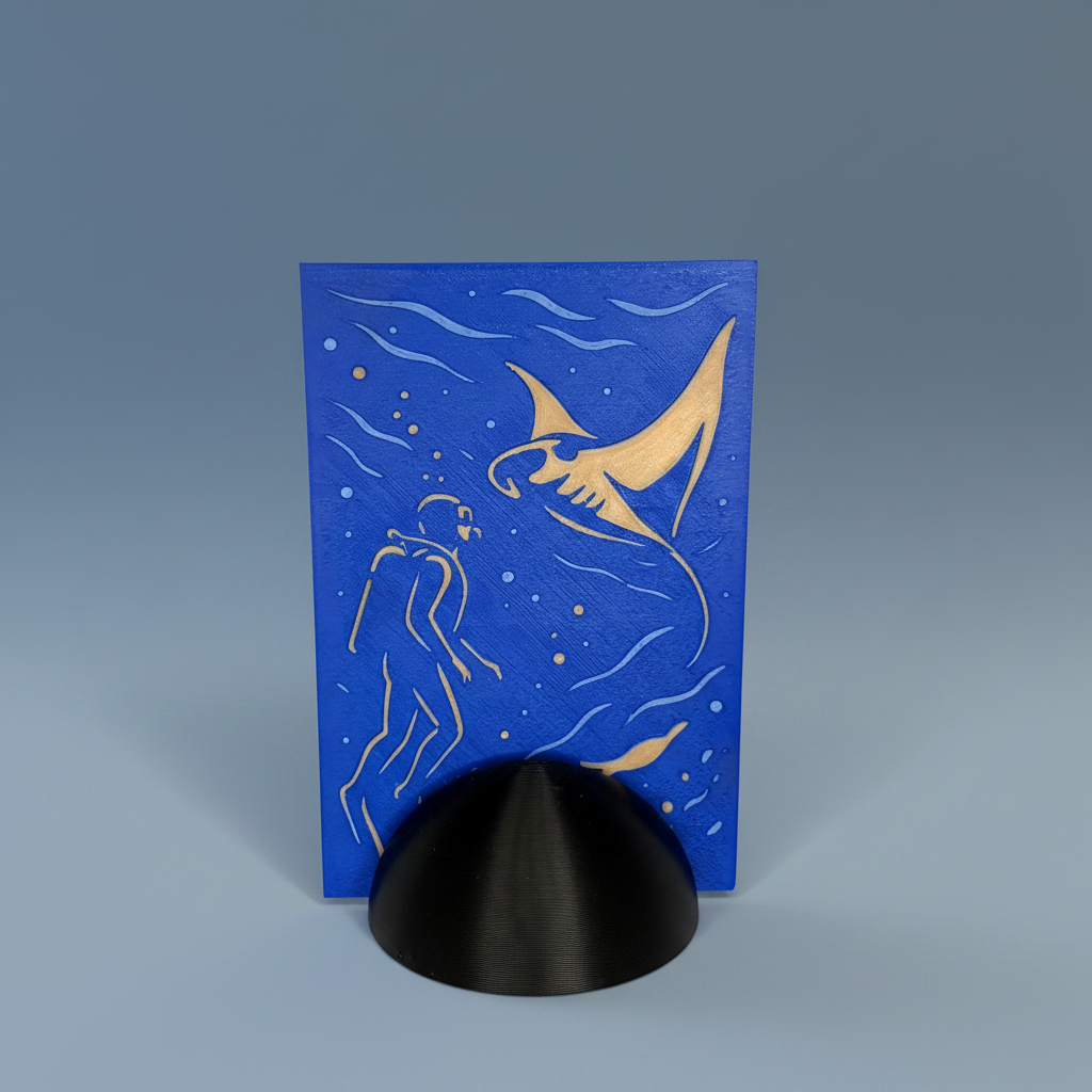 Tableau 3D plongeur et raie manta posé de face sur son socle noir mat