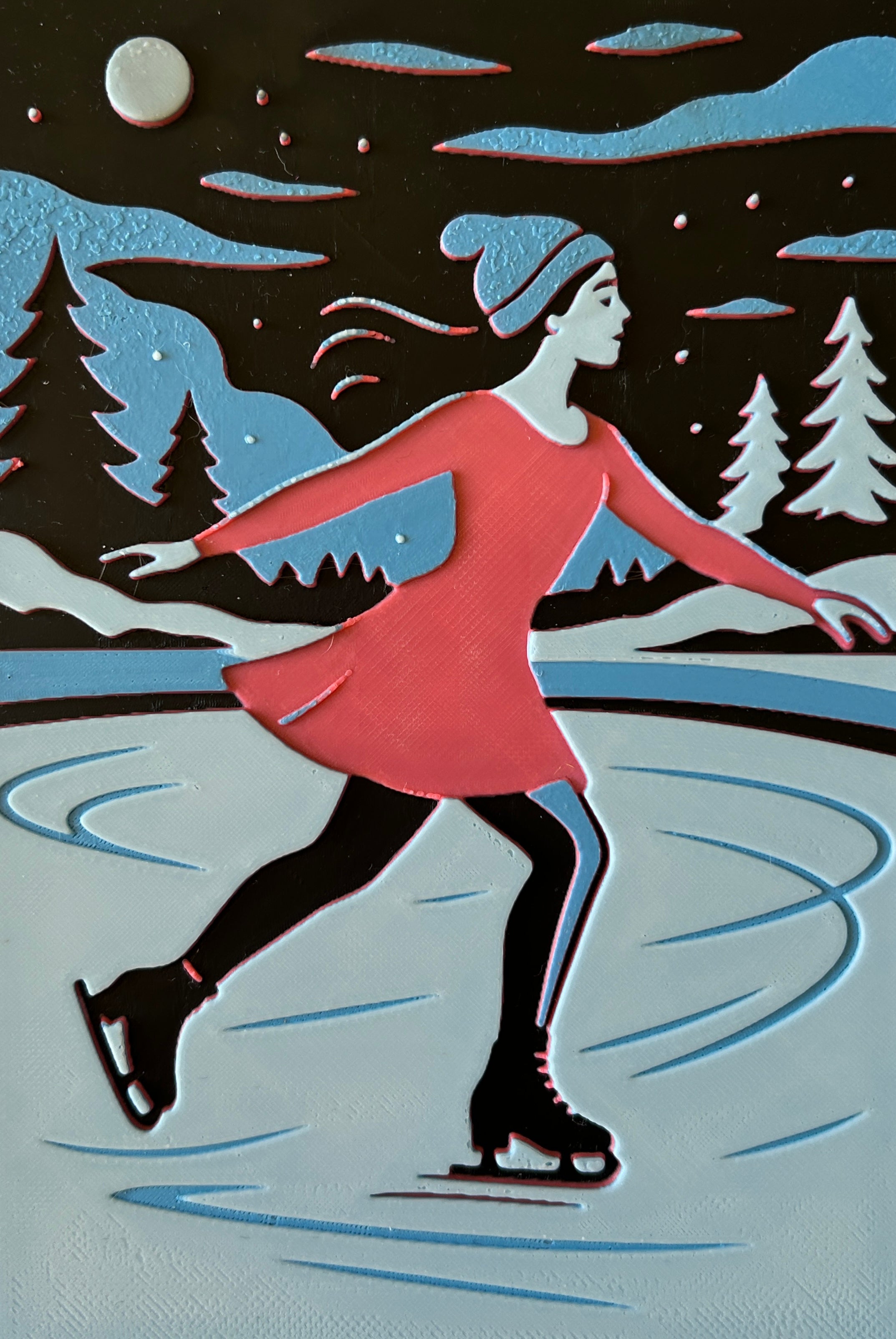 Tableau 3D "La Glisse Enchantée" — Patineuse sous la Lune (Hueforge)