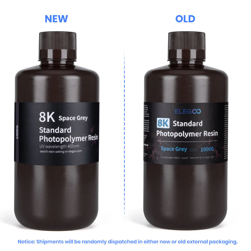 Comparatif ancien et nouveau packaging de la résine ELEGOO 8K Space Grey 1000 g
