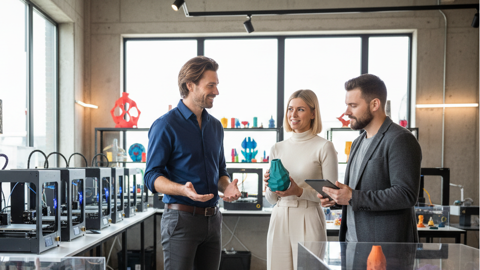 Commercial aux cheveux châtains mi-longs dans un environnement impression 3D