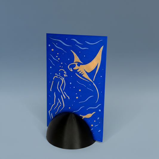 Tableau 3D « Rencontre majestueuse » de trois quarts sur son socle noir