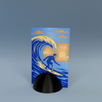 Tableau 3D surf sur son socle noir mat, vague et surfeur en relief
