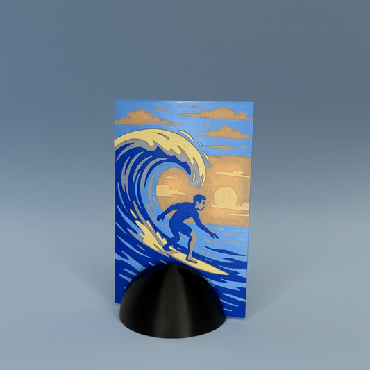 Tableau 3D surf sur son socle noir mat, vague et surfeur en relief
