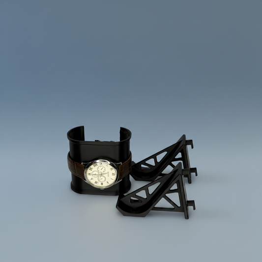 Écrin amovible noir avec montre posée et ses deux fixations SKÅDIS séparées