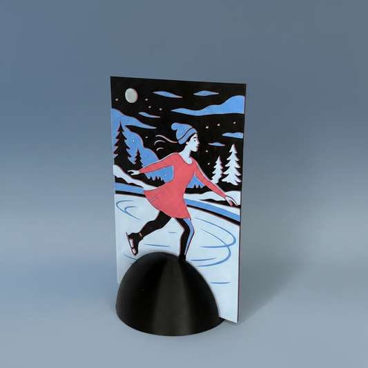 Tableau 3D « La glisse enchantée » de trois quarts sur son socle noir