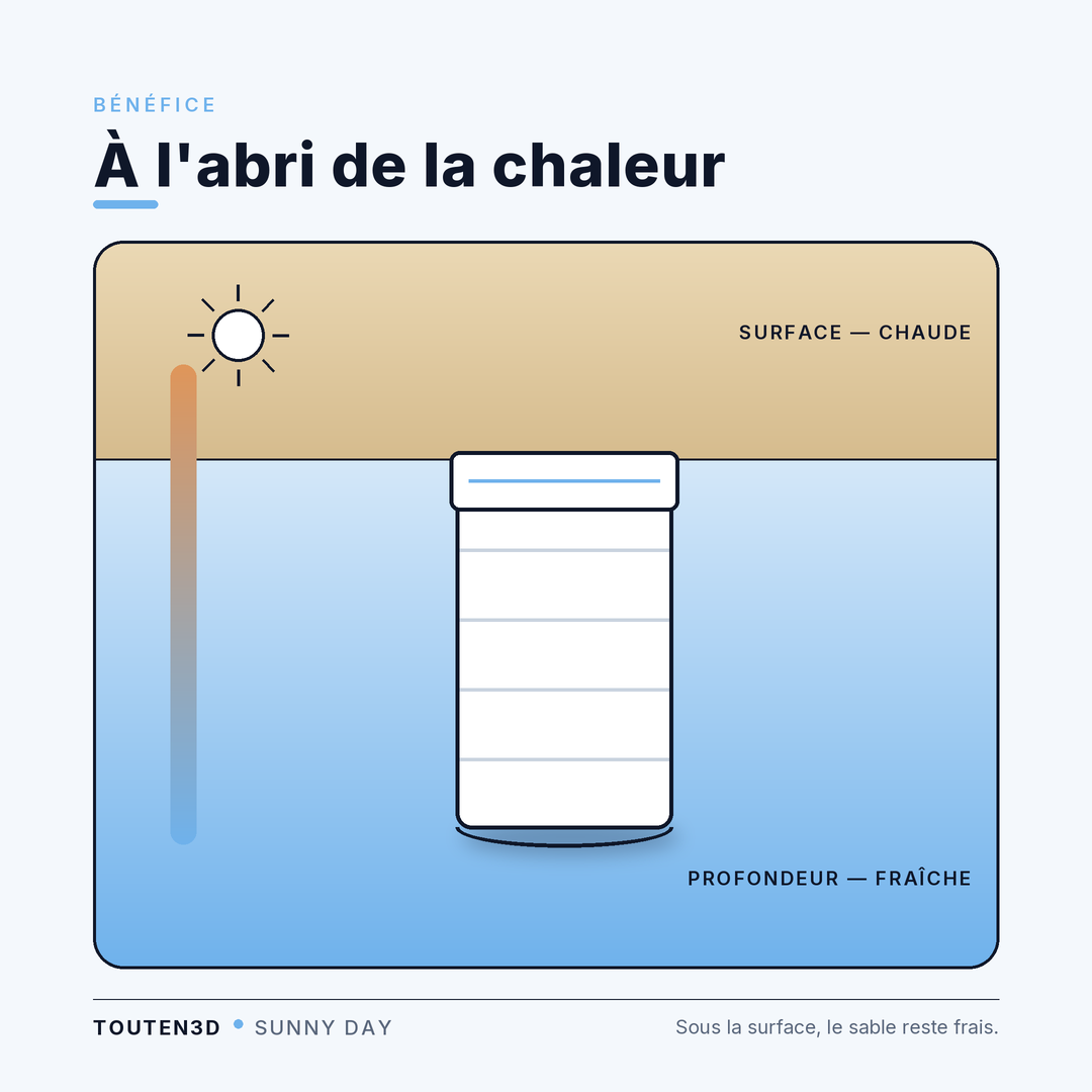 Infographie SUNNY DAY — à l'abri de la chaleur : le sable en profondeur reste frais